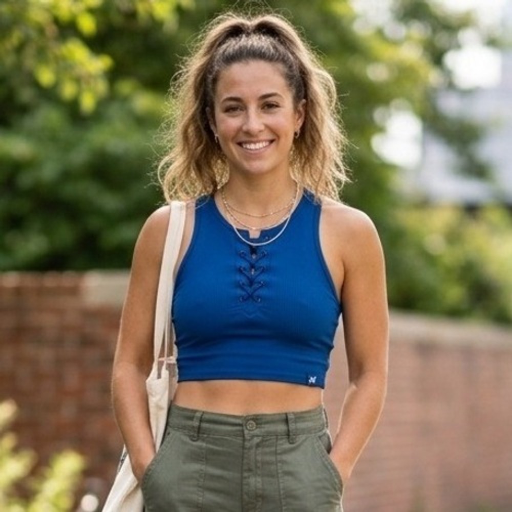 JoyLab Women Blue Ribbed Lace Up High Neck Longline Sports Bra Crop Top Large